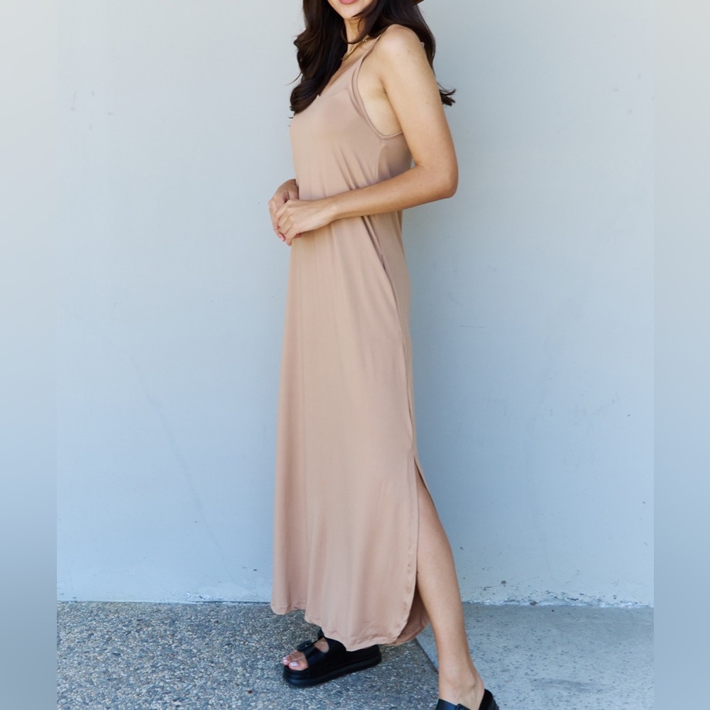 SALE! Ninexis Good Energy Full Size Cami Side Slit Maxi Dress in Camel Tan - Picture 3 of 5